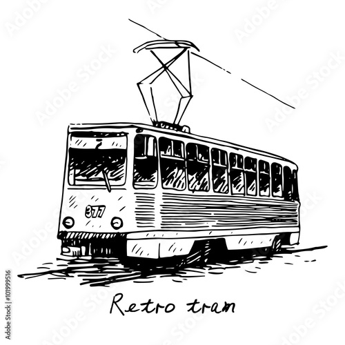 Retro tram. Picture of vintage transport. Old times. Vector hand drawn sketch.
