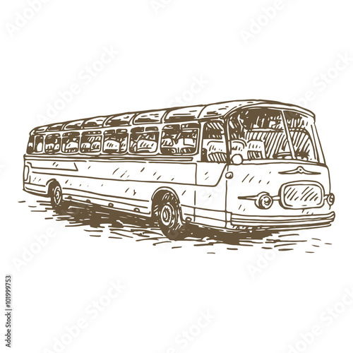 Retro bus. Picture of vintage transport. Old times. Vector hand drawn sketch.