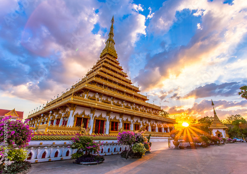 Golden buddha pagoda Temple sunset, Khonkaen Thailand