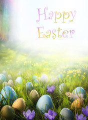 Art Easter background; Spring flowers and easter eggs