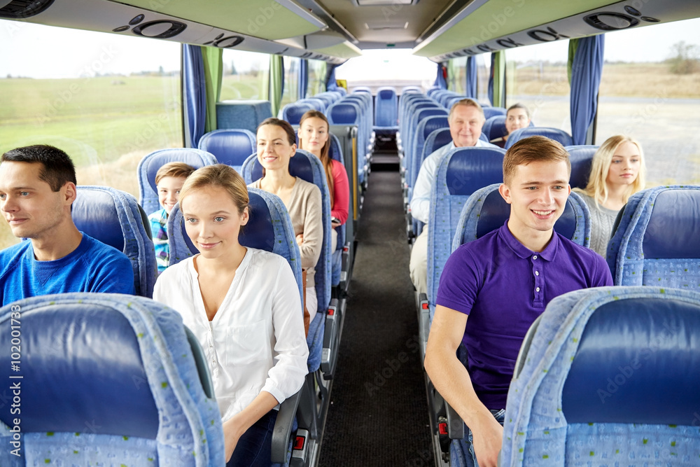 group of happy passengers in travel bus StockFoto Adobe Stock