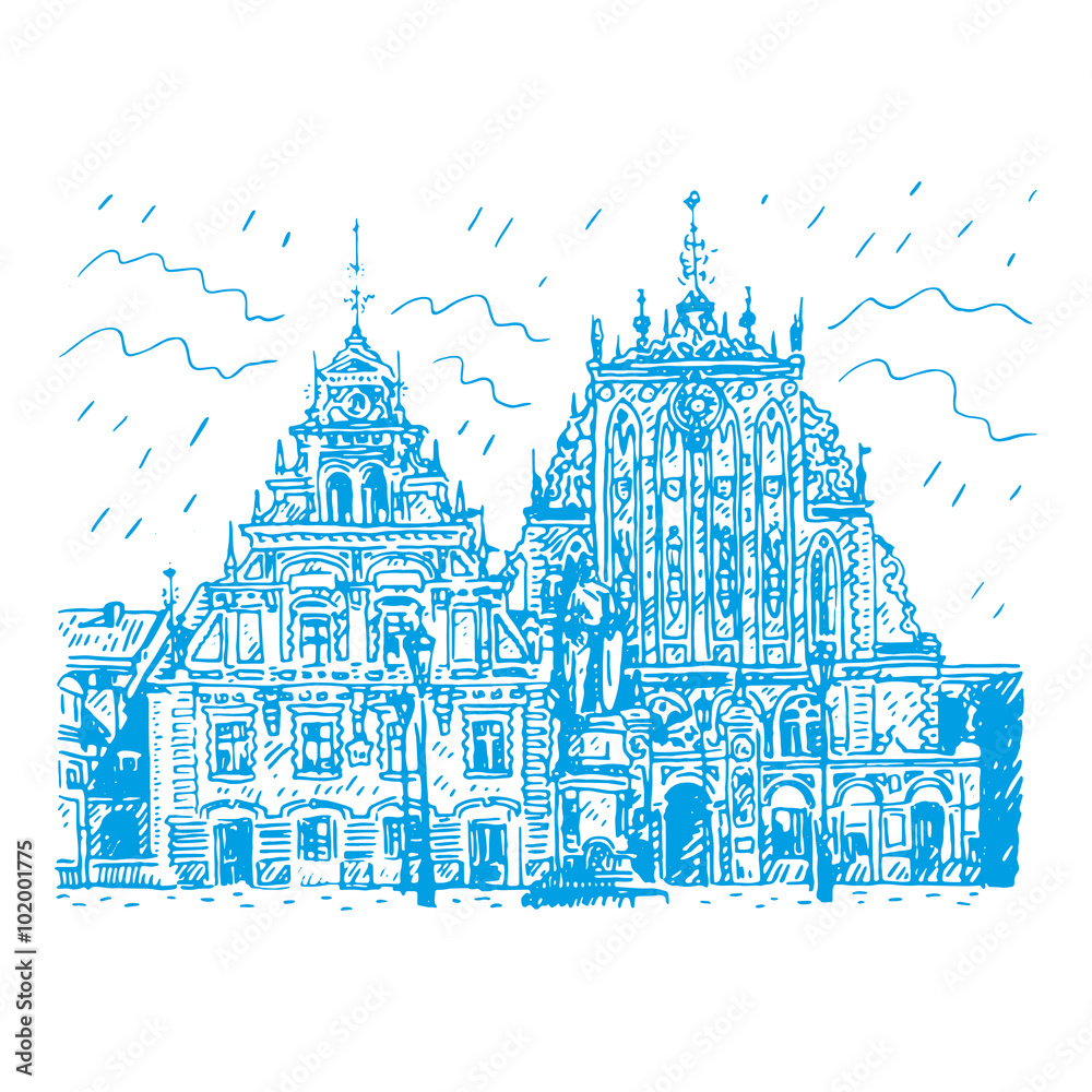 The historic House of the Blackheads and statue of Saint Roland in the old town of Riga, Latvia. Vector freehand pencil sketch.