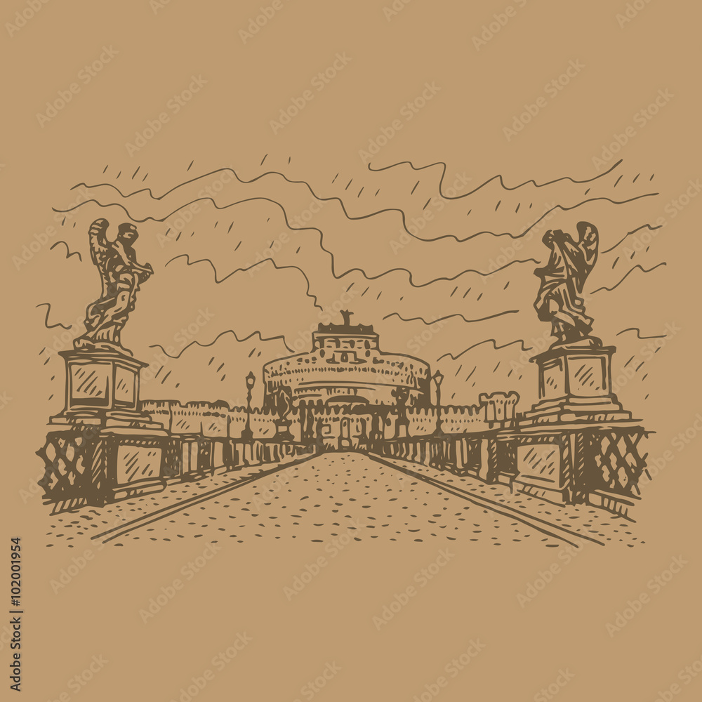 View of Castel Sant'Angelo from bridge Ponte Sant'Angelo in Rome, Italy. Vector hand drawn sketch.