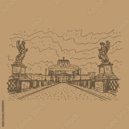 View of Castel Sant'Angelo from bridge Ponte Sant'Angelo in Rome, Italy. Vector hand drawn sketch.