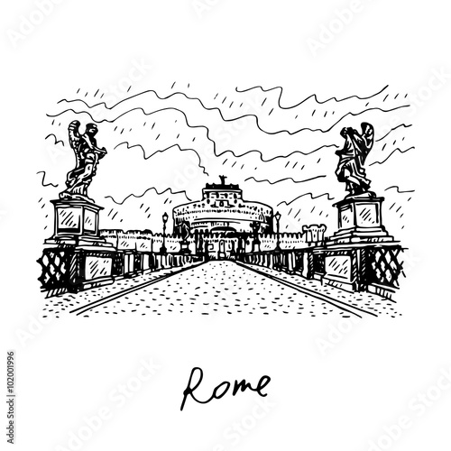 View of Castel Sant'Angelo from bridge Ponte Sant'Angelo in Rome, Italy. Vector hand drawn sketch.