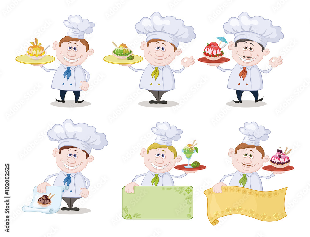 Set Cartoon Cooks Chefs with Ice Cream and a Blank Posters for Advertising Texts, Isolated on White Background. Eps10, Contains Transparencies. Vector Set Cartoon Cooks Chefs with Ice Cream and a Blank Posters for Advertising Texts, Isolated on White Background. Eps10, Contains Transparencies. Vector