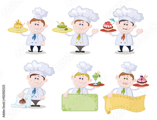 Set Cartoon Cooks Chefs with Ice Cream and a Blank Posters for Advertising Texts, Isolated on White Background. Eps10, Contains Transparencies. Vector