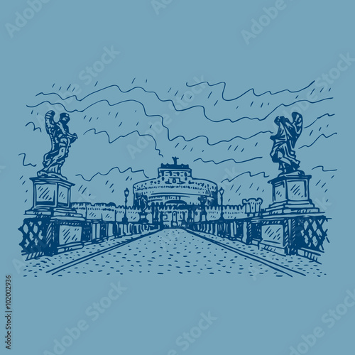 View of Castel Sant'Angelo from bridge Ponte Sant'Angelo in Rome, Italy. Vector hand drawn sketch.