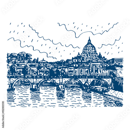 View at Tiber and St. Peter's cathedral in Rome, Italy. Vector hand drawn sketch.