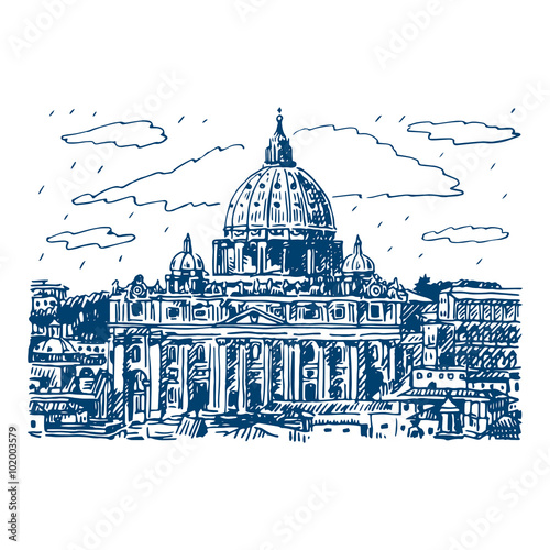 St. Peter's basilica in Vatican, Rome, Italy. Vector hand drawn sketch.