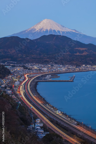 Tomai expressway and Suruga bay with mountain fuji at Shizuoka. photo
