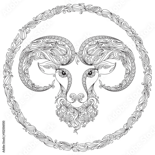 Pattern for coloring book. Zodiac Aries.