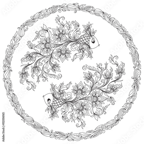 Pattern for coloring book. Zodiac Pisces.