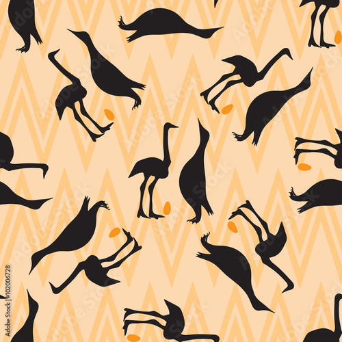 Seamless vintage pattern with  penguin and ostrich