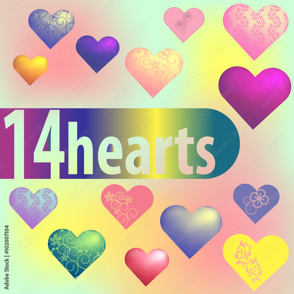 set of 14 different hearts design on a blurred background