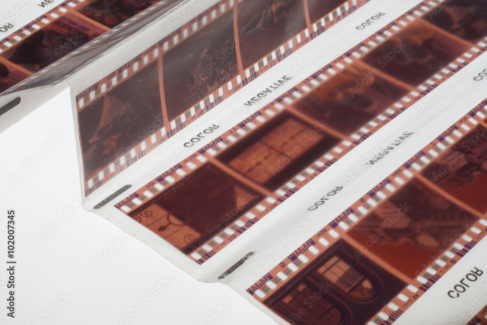 Old negative 35mm film strip on white background