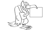 Black and white illustration of a buzzard holding a sign.