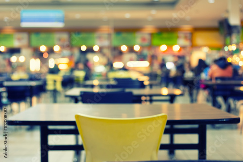 Food court or foodcourt interior blurred background. May called restaurant or canteen include coffee shop with table, people at indoor plaza, mall, store or shopping center in Chiang mai of Thailand.