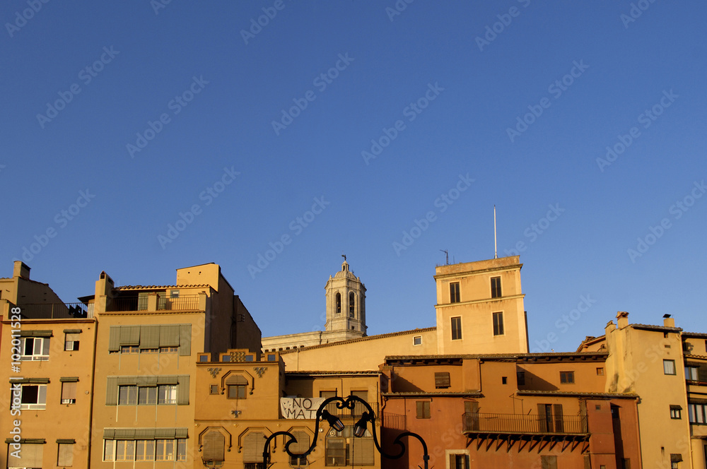 colorful houses and cathedral in Girona , Catalonia, Spain
