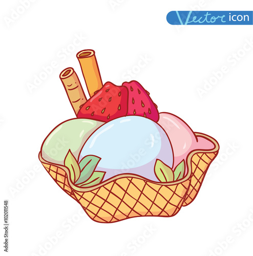 Icon of ice cream with cone, vector illustration.