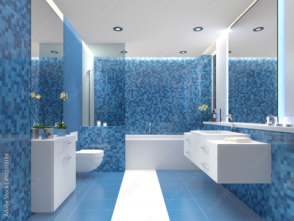 modernes Bad badezimmer mit farbigen fliesen blau weiss Stock Illustration  | Adobe Stock