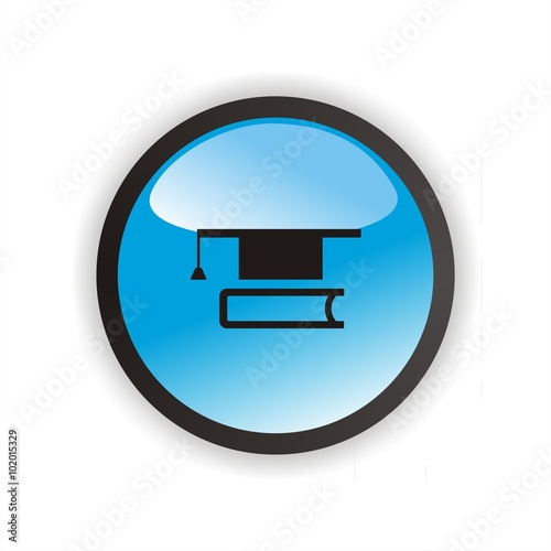 Icono de graduación. Libro y birrete en un botón azul