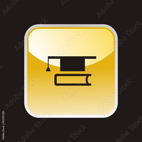 Icono de graduación. Libro y birrete en botón amarillo