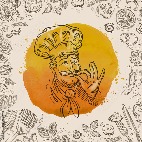 hand-drawn sketch of a happy chef and the food. vector illustration