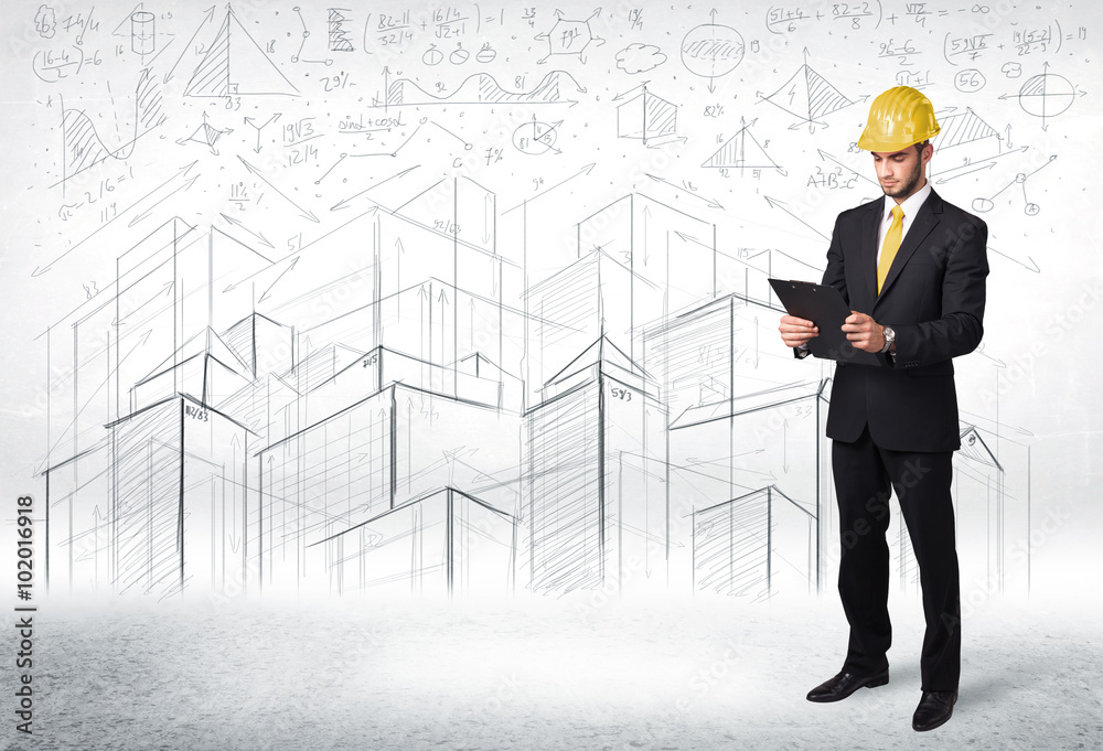 Handsome construction specialist with city drawing in background Handsome construction specialist with city drawing in background