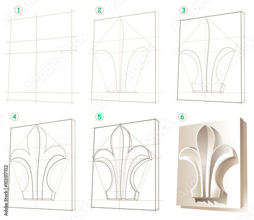 Page shows how to learn step by step to draw a gypsum ornament. Developing skills for drawing. Vector image.