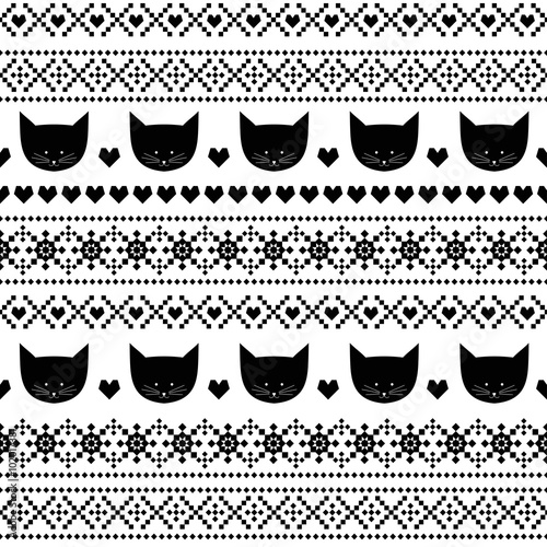Black and white seamless pattern with cats for kids holidays. Scandinavian sweater style. Christmas decorations. Cute background for winter holidays. Xmas traditional ornamental pattern.