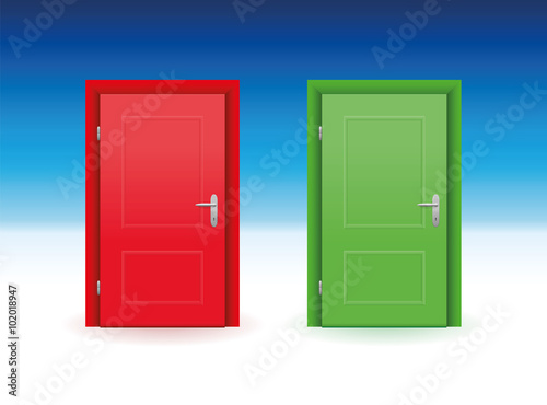 Fototapeta Naklejka Na Ścianę i Meble -  Red and green door to choose. Vector illustration on white to sky blue gradient.