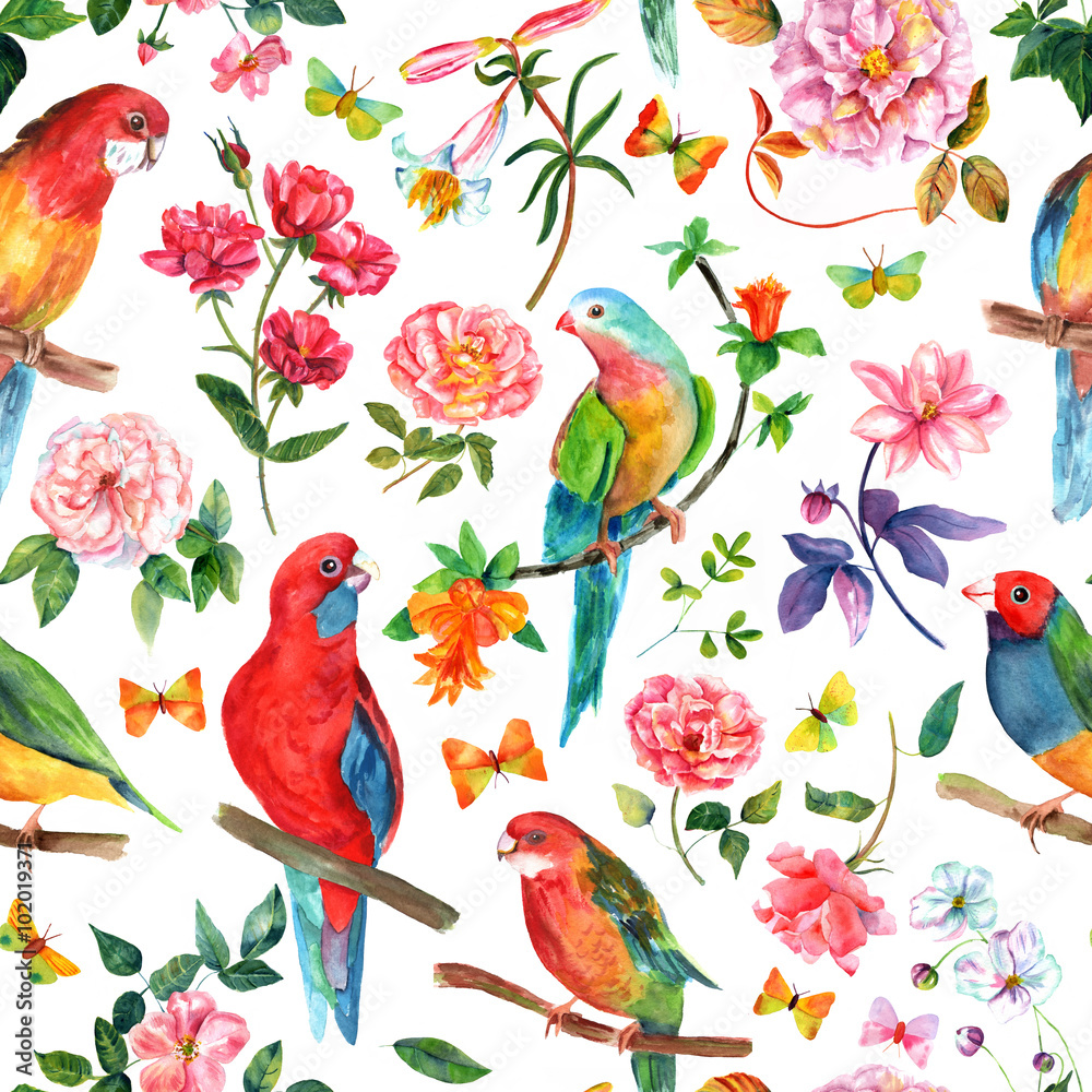 Vintage style seamless background pattern with birds, roses and butterflies