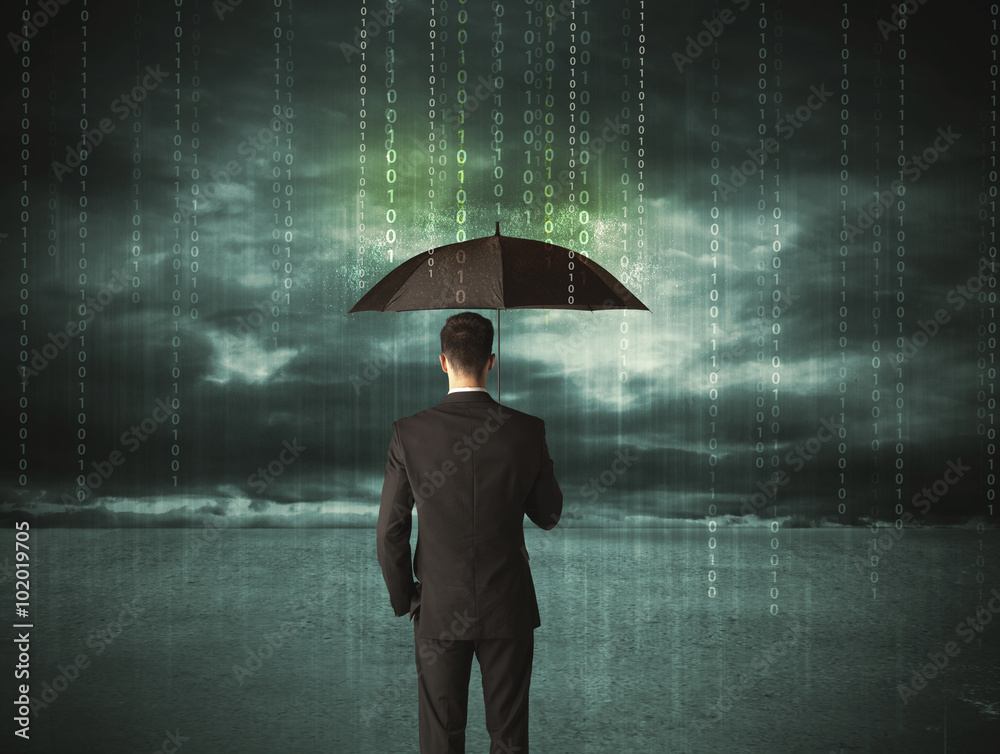Business man standing with umbrella data protection concept Business man standing with umbrella data protection concept