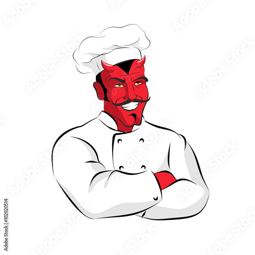 Hell of  Cook. Devils kitchen. Satan in chef Cook. Chef demon wi
