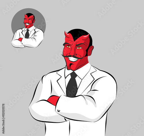 Devil doctor. Satan with horns in doctors white coat. Horrible R