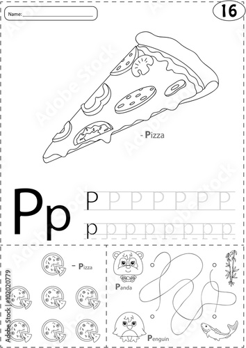 Cartoon pizza, panda and penguin. Alphabet tracing worksheet: wr