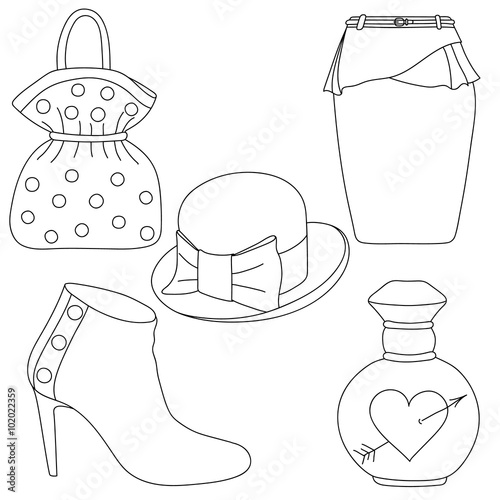 Set of outlined shoes, bag, skirt, hat and perfume bottle on white background. Vector illustration.