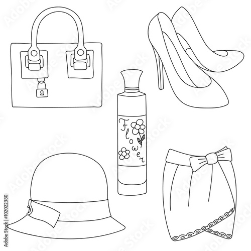Set of outlined shoes, bag, skirt, hat and perfume bottle on white background. Vector illustration.