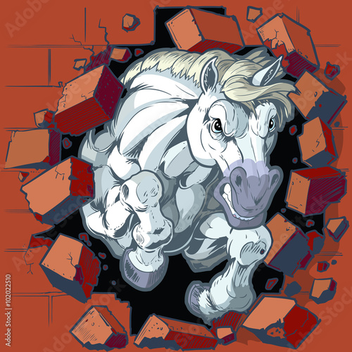 White Horse Mascot Crashing Through Wall Vector Illustration