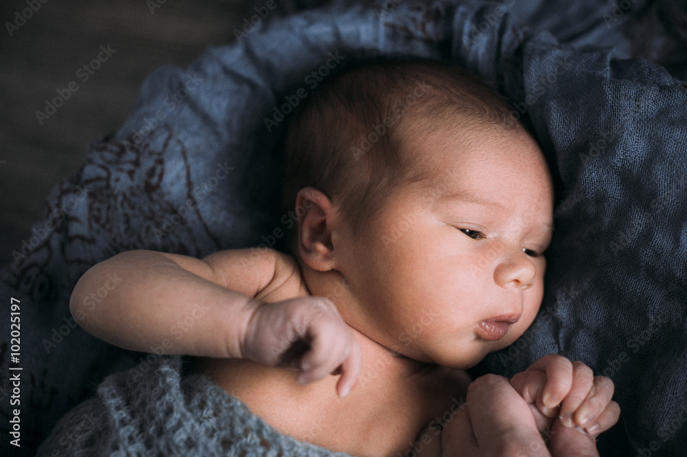 Newborn baby on knitting background
