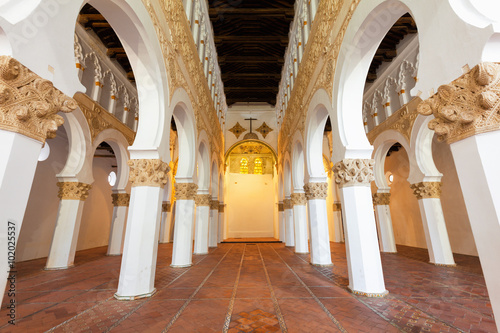 Interior of Santa Maria la Blanca Synagogue in Toledo, Spain. Erected in 1180 and considered the oldest synagogue building in Europe still standing