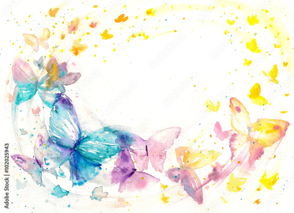 Beautiful watercolor butterfly on white paper background.