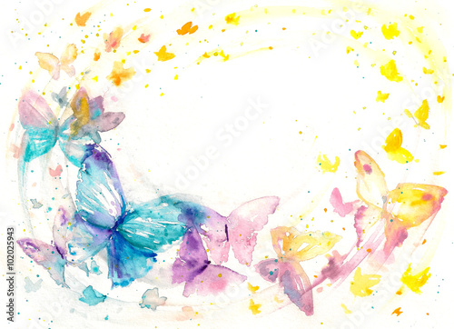 Naklejka Piękny akwarela motyl na białego papieru tle.