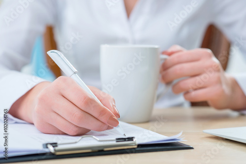 Pleasant female office worker making notes 