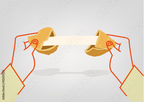 Two hands crack a Fortune Cookie to reveal a message template. Editable Clip Art.
