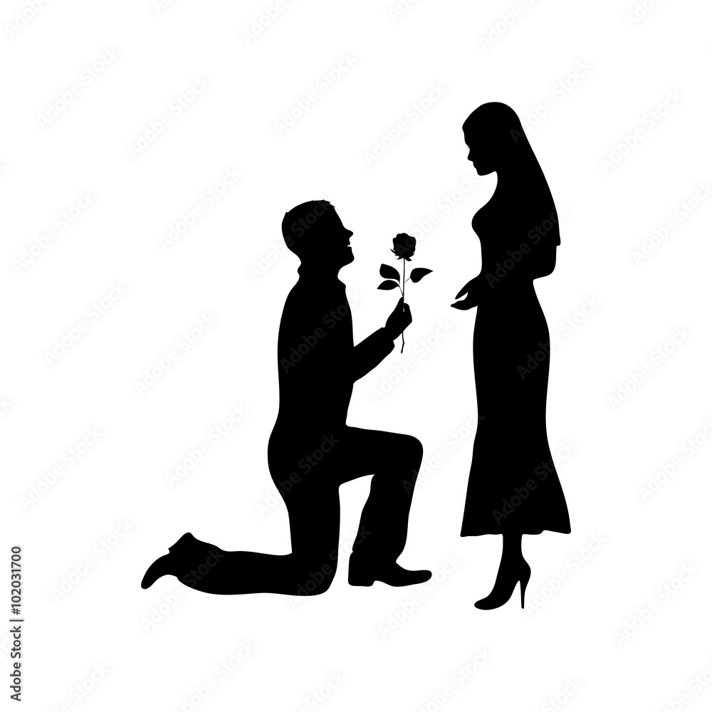 Man offering woman a rose, kneeling, on white background