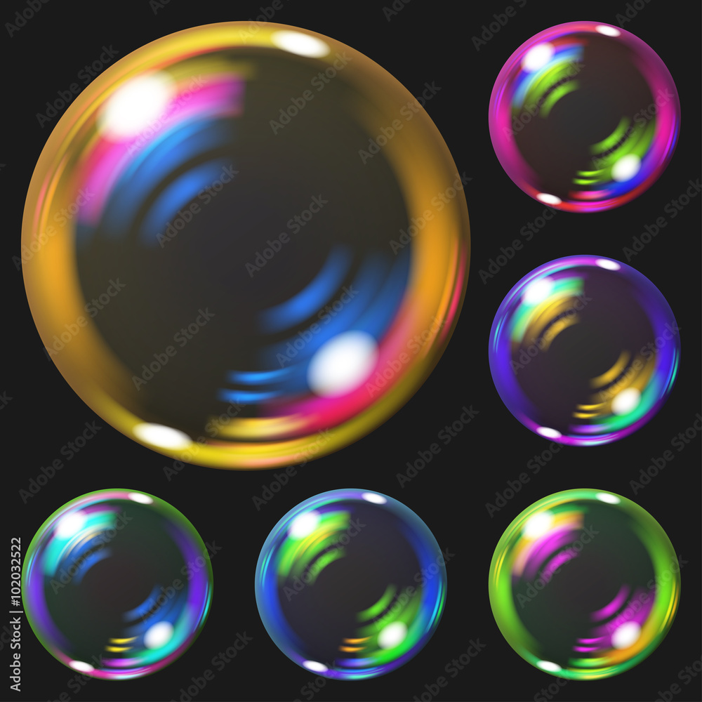 Set of multicolored transparent soap bubbles with glares. Transparency only in vector format