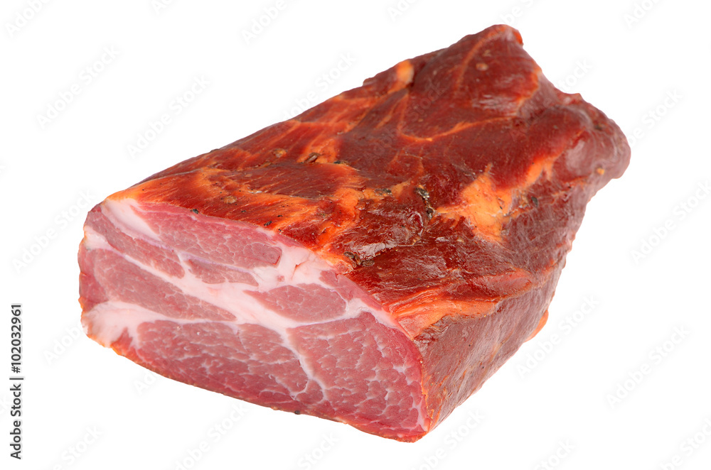 piece of smoked steak with spices isolated on a white background