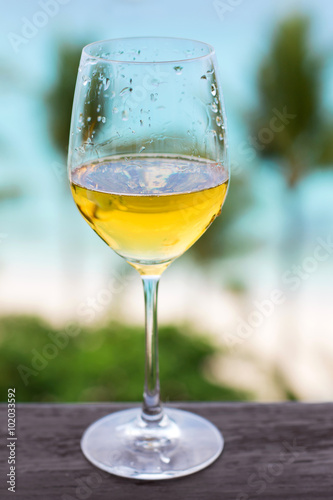 Glass of white wine on balcony rail